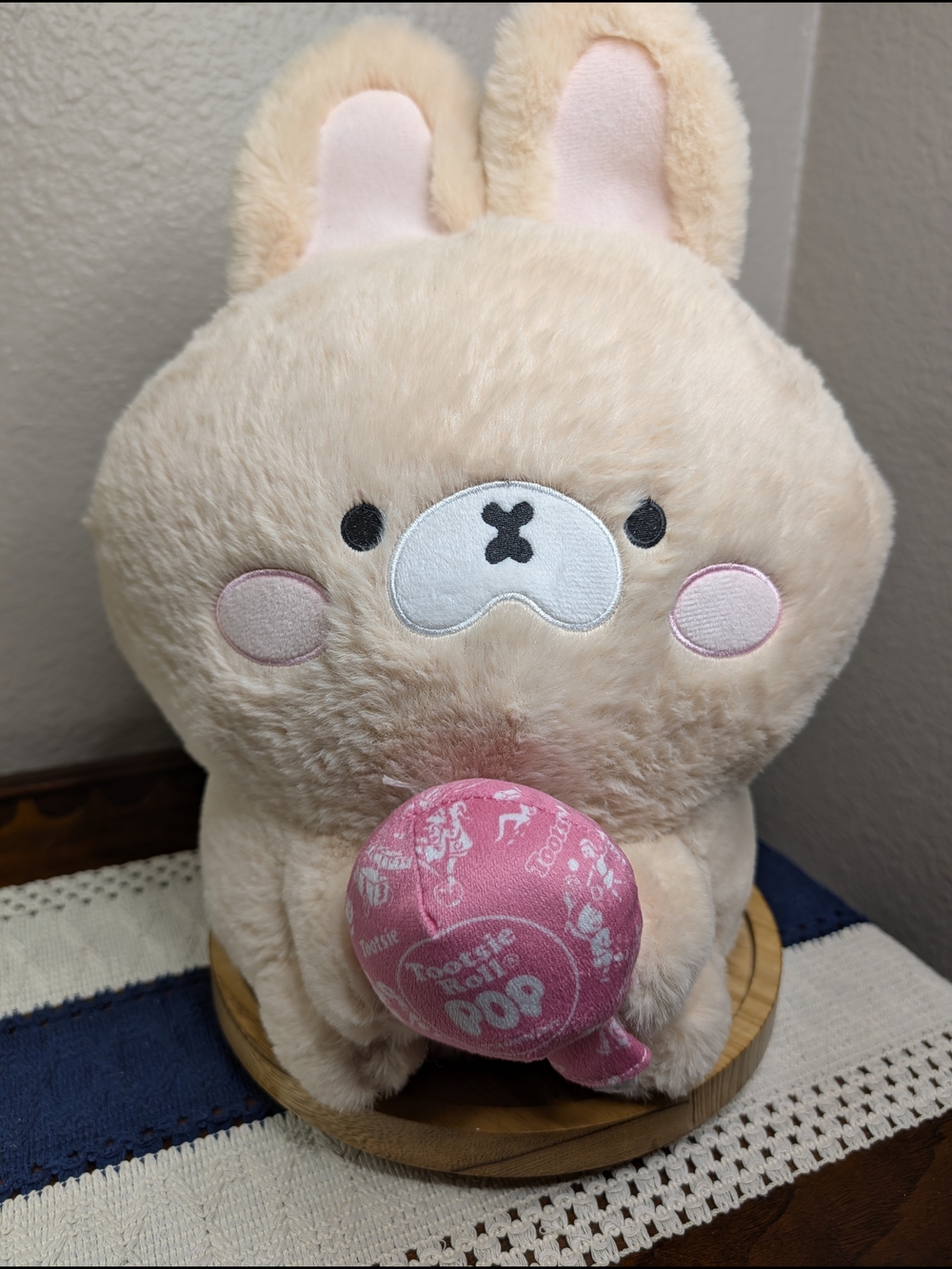 Large Weighted Tootsie Roll Cream Bunny Stuffed Plush Toy Holding Pink Lollipop